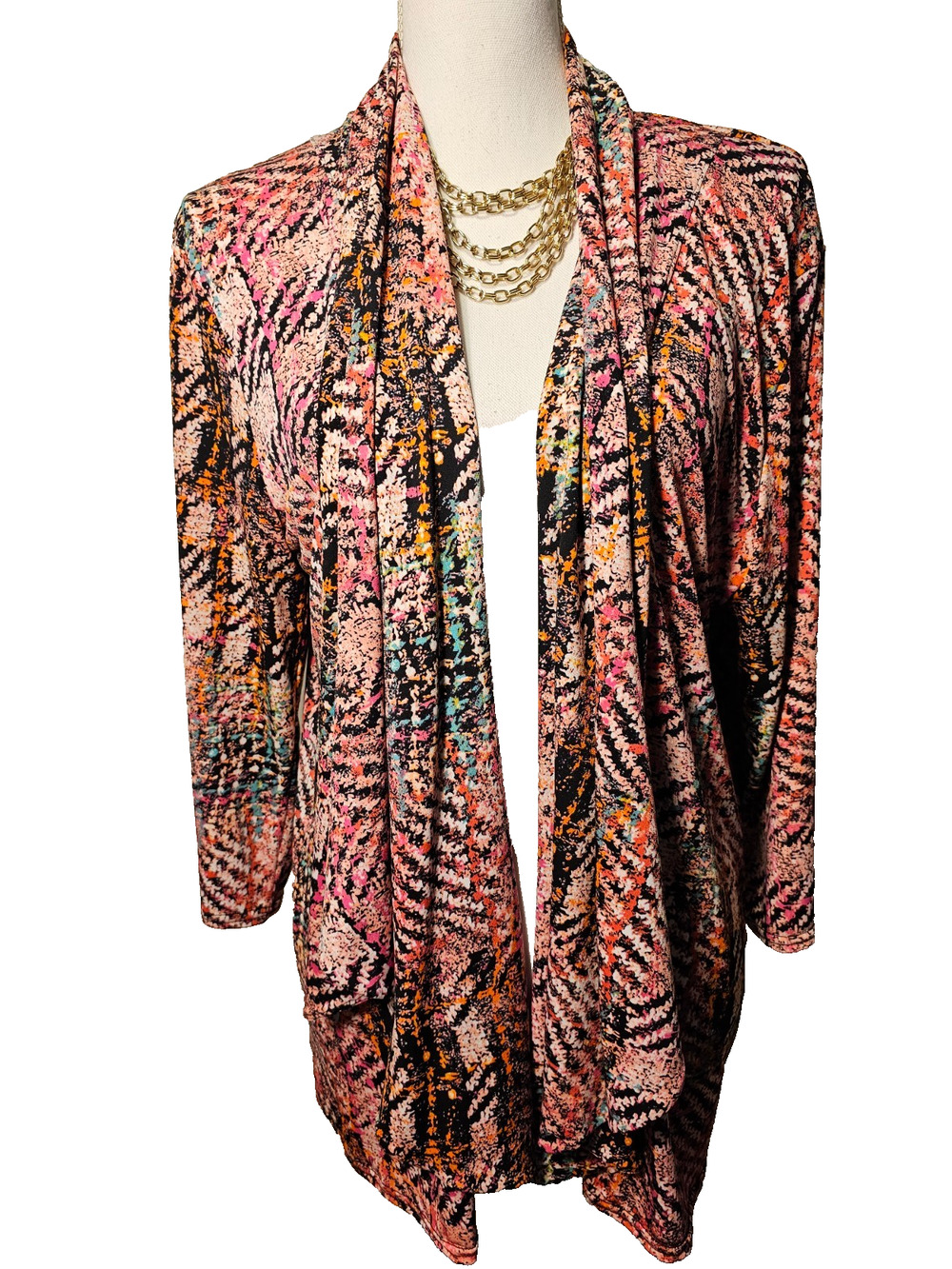 Peck & Peck Womens Pink Print Waterfall Open Front Cardigan Jacket Plus 1X